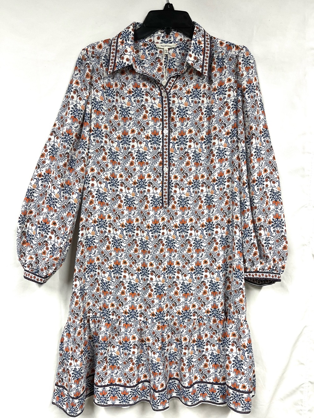 NWT Max Studio Long-Sleeve Floral Shirt Dress with Navy & Rust Print